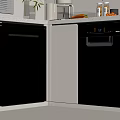 Modern Kitchen With Black Dishwashers Cabinets Countertop Fresh Vegetables And Glass Jars