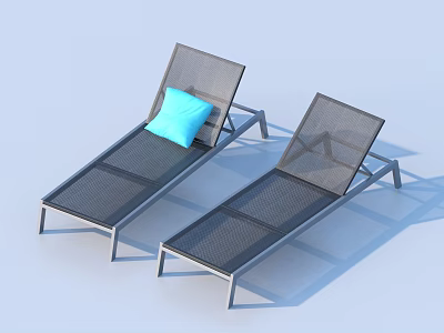 Two Outdoor Lounge Chairs With Metal Frame Mesh Design And Blue Cushion 3d model