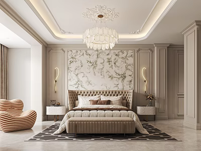 Elegant Luxury Bedroom Interior With Upholstered Bed Crystal Chandelier And Floral Wallpaper 3d model