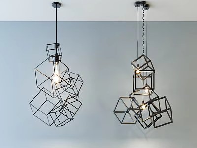 Modern Geometric Pendant Lights With Black Metal Frame Hanging Against Gray Wall From White Ceiling 3d model