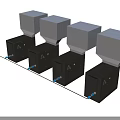 Industrial Equipment Four Units With Black Main Body White Cubic Tops And Blue Connecting Pipes