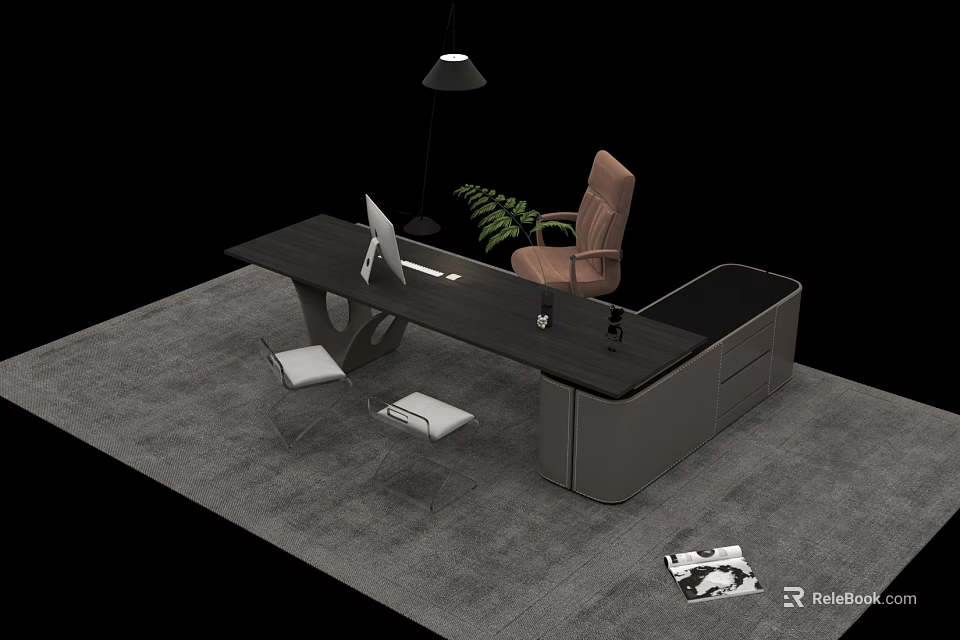 Modern Office Desk With Black Surface Grey Cabinet Computer Monitor Chair And Green Plant 3d model 