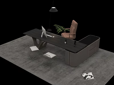 Modern Office Desk With Black Surface Grey Cabinet Computer Monitor Chair And Green Plant 3d model
