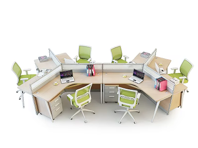 Modern Open Layout Office Desk With Green Chairs Laptops Books And Files 3d model