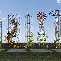 Beautiful Yard Garden Featuring Various Decorative Metal Trellises With Climbing Vines
