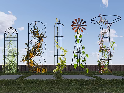Beautiful Yard Garden Featuring Various Decorative Metal Trellises With Climbing Vines 3d model