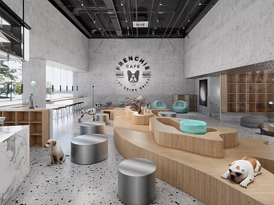 Modern Pet Friendly Café Interior With Wooden Seating Metal Stools Wall Logo And Open Space 3d model