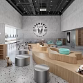 Modern Pet Friendly Café Interior With Wooden Seating Metal Stools Wall Logo And Open Space