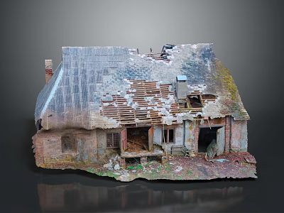 Abandoned Old Cottage with Weathered Red Brick Walls Damaged Tile Roof Broken Windows and Doorway 3d model