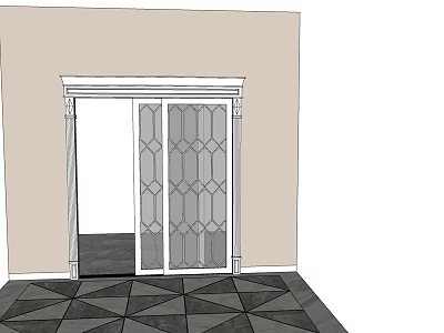 Sliding Door With Geometric Glass Panels And White Frame In Interior Space 3d model