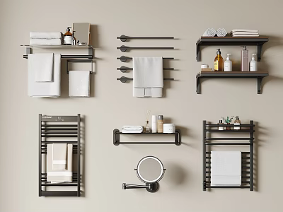 Bathroom Towels Hanging On Various Stylish Racks With Toiletries And Mirror Designs 3d model