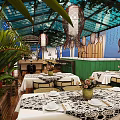 Elegant Restaurant Interior With Glass Roof Hanging Lanterns Wicker Chairs And White Tablecloths
