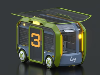 Futuristic Green And Blue Car With Transparent Roof Side Number 3 And X Marked Wheels 3d model