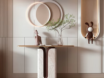 Modern Console Table With Marble Base Deer Statue Potted Plant And Circular LED Mirrors 3d model