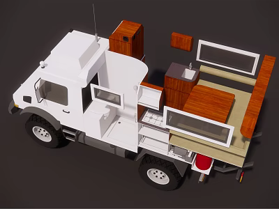 White Modified Camper Van With Wooden Kitchen Counter And Interior Cabinets 3d model