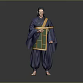 Game Movie Character In Traditional Dark Blue Robe With Green Yellow Accents Holding Scroll Barefoot