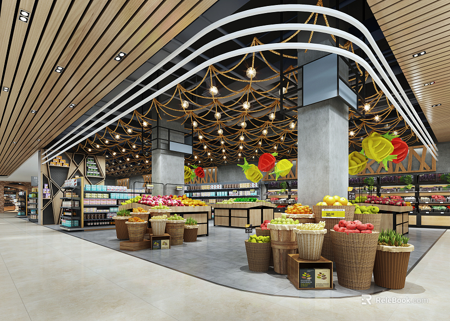 Bright Modern Supermarket Interior With Fresh Fruits Vegetables And Basket Displays 3d model 