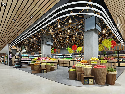 Bright Modern Supermarket Interior With Fresh Fruits Vegetables And Basket Displays 3d model