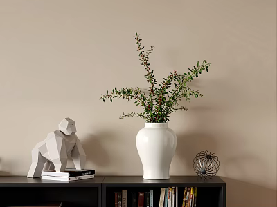 White Vase With Green Foliage On Black Bookshelf Featuring Monkey Sculpture Books And Metal Decor 3d model