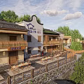 Traditional Guesthouse Building with Wooden Structure Stone Wall and Scenic Green Surroundings