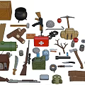 Assorted Survival Supplies Collection With First Aid Kit Guns Tools And Backpack