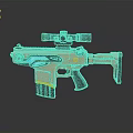 3D Rendered Gun with Golden Body Blue Accents Tactical Scope and Modern Futuristic Design