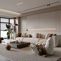 Modern Living Room Interior With Beige Sofa Coffee Table Striped Rug Wall Panels And Plants