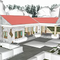 Traditional House Exterior With Red Roof White Walls Courtyard And Potted Plants
