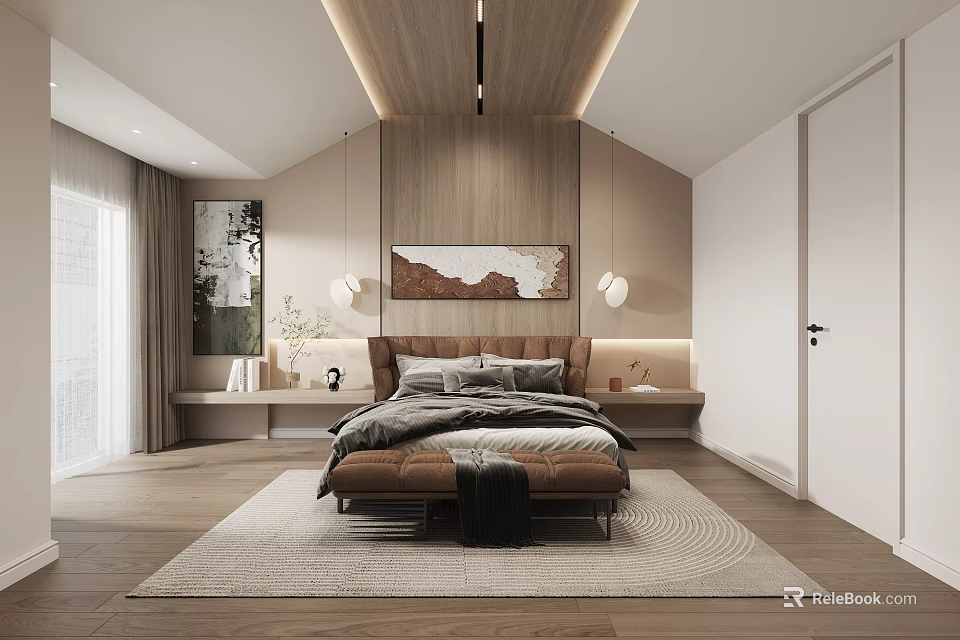 Modern Bedroom Interior Design With Wooden Panel Wall Artwork Bedside Sconces And Area Rug 3d model 