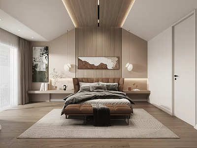 Modern Bedroom Interior Design With Wooden Panel Wall Artwork Bedside Sconces And Area Rug 3d model