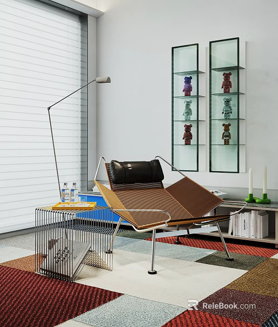 Modern Leisure Chair With Floor Lamp And Metal Side Table On Colorful Rug 3d model 