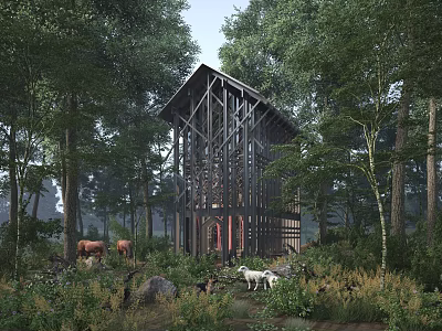 Detached House in Woods With Wooden Frame Structure and Grazing Cows Goats 3d model
