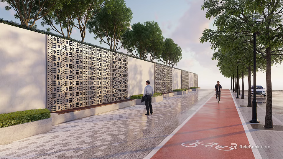 Geometric Patterned Feature Wall Along Urban Paved Walkway Bicycle Lane And Trees 3d model 