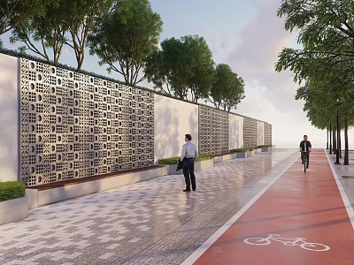 Geometric Patterned Feature Wall Along Urban Paved Walkway Bicycle Lane And Trees 3d model