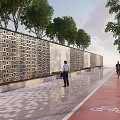 Geometric Patterned Feature Wall Along Urban Paved Walkway Bicycle Lane And Trees