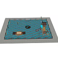 Kids Playground With Blue Checkerboard Tiles Sandpit Slide Swings Spinning Equipment And Benches