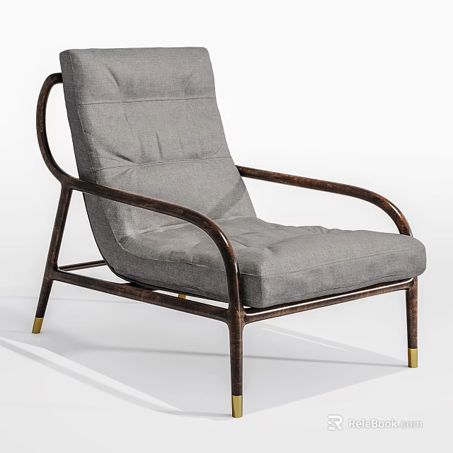 Gray Upholstered Accent Chair With Wooden Arms And Gold Metal Legs 3d model 