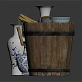 Traditional Household Items Including Blue And White Porcelain Vases Wooden Barrel And Small Bowls