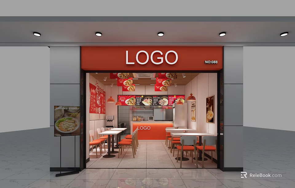 Orange Restaurant Facade With Logo Signage And Interior Tables Chairs Design 3d model 