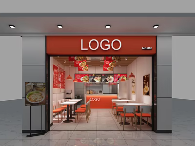 Orange Restaurant Facade With Logo Signage And Interior Tables Chairs Design 3d model