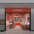 Orange Restaurant Facade With Logo Signage And Interior Tables Chairs Design