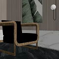 Modern Single Sofa With Black Leather Light Wood Frame Green Leaf Art Round Pendant Light