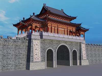 Ancient Chinese Architecture With Curved Eaves Multi Tiered Roof Arched Gateways Stone Walls Carved Decorations 3d model
