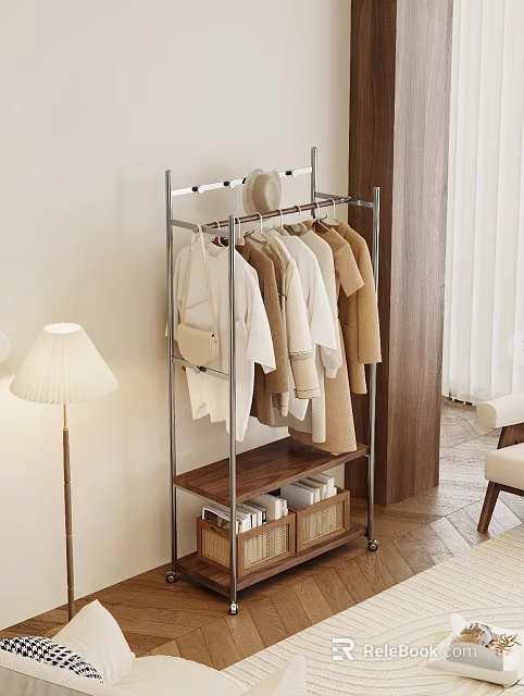 Modern Clothes Rack With Metal Frame Hanging Beige White Clothes And Storage Shelf 3d model 