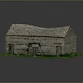 Rustic Stone Residential House With Slate Roof Iron Barred Windows Wooden Door And Green Grass