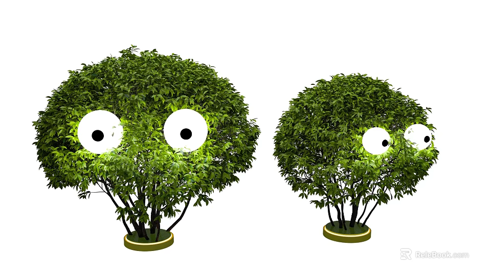 Cute Green Bushes With Cartoon Eyes And Round Leafy Shapes For Decoration 3d model 
