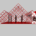 Red Geometric Building Structure With Triangular Frame Grid Design And Black Pillars 3d model
