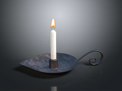 Lit White Candle Placed On Leaf Shaped Metal Candlestick Holder 3d model