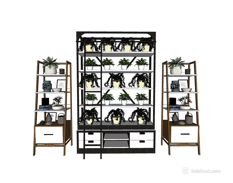 Modern Multi tiered Shelving Units With Green Plants And Storage Design Features 3d model 