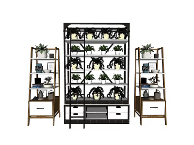 Modern Multi tiered Shelving Units With Green Plants And Storage Design Features 3d model